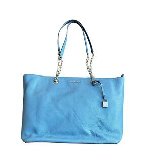 NWT Michael Kors Mercer Chain Medium Denim Leather Tote Silver Chain Straps $298
